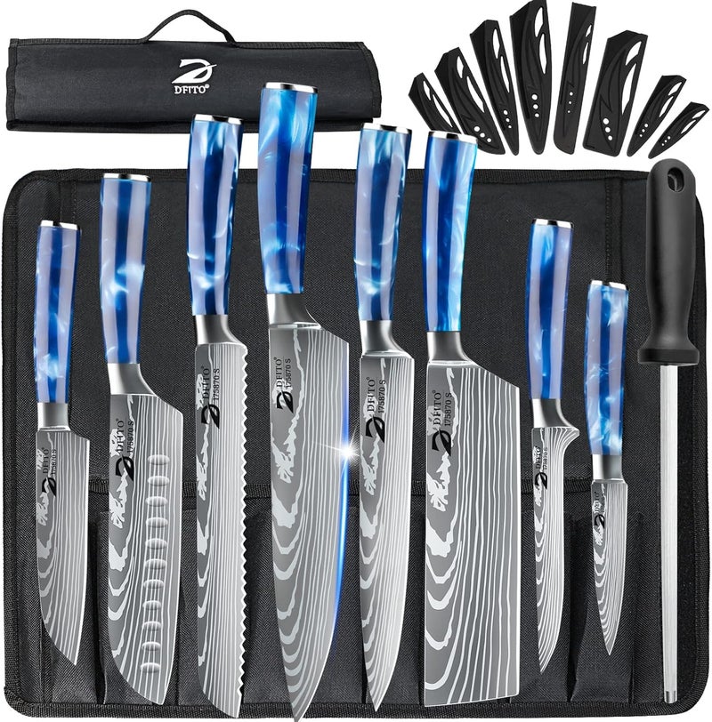 Dfito Chef Knife Sets with Roll Bag, 9 Pieces Professional Knife Set, High Carbon Stainless Steel Kitchen Chef Knife Set, Red Pakkawood Handle, Dishwasher Safe - Image 1